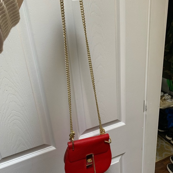 Real Leather Bright Red and Gold Chain Crossbody - Picture 4 of 4